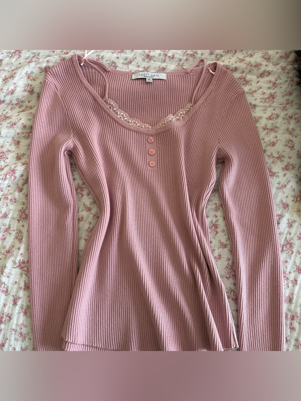 Sweet Rain Dusty Rose Ribbed Lace-Trim Henley Long Sleeve Top